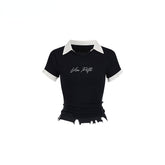 Deep Blue & Black Mock Two-piece Knit Sweater with Patchwork Short Sleeves - CHINASQUAD