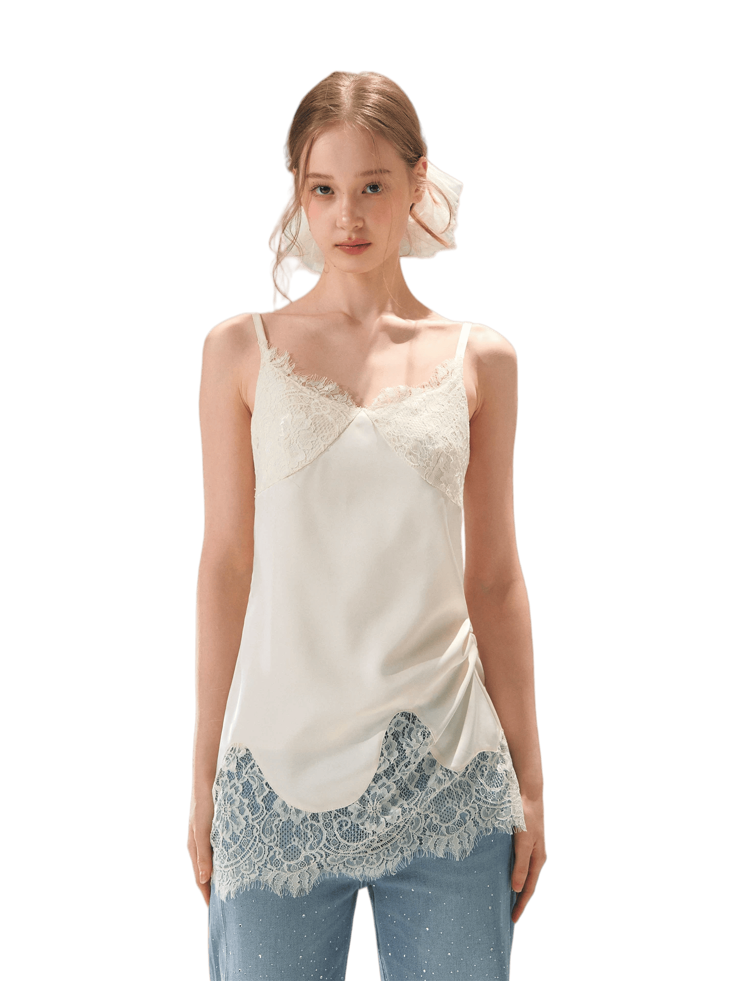 Asymmetric Lace-Trim Satin Camisole