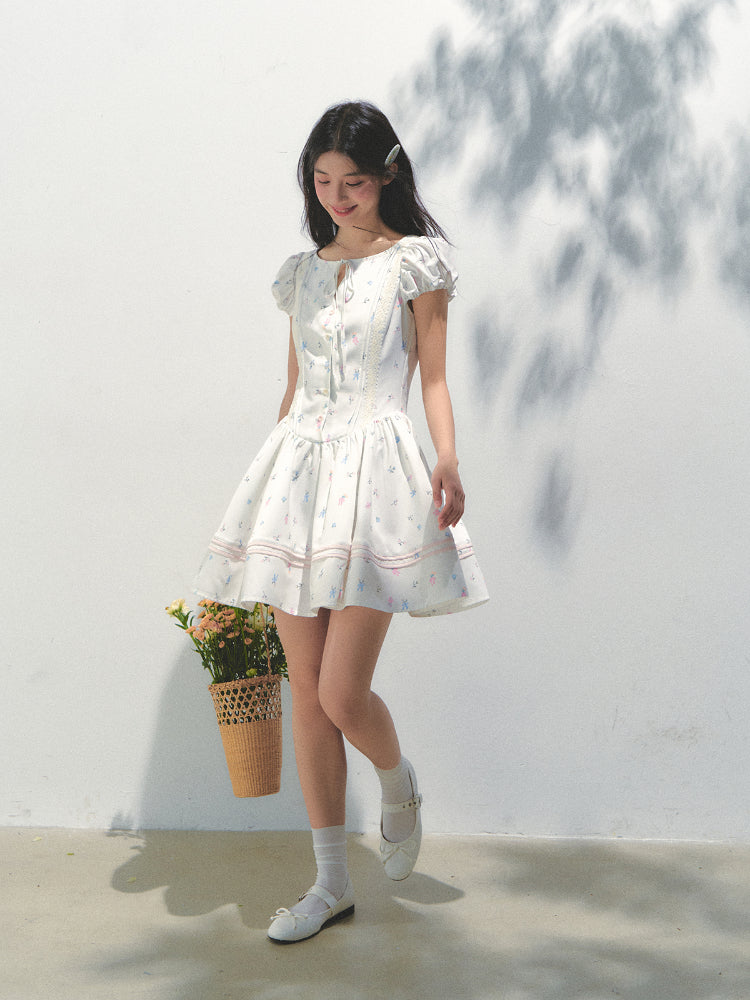 Puff Sleeve Printed Waist - cinching Dress - CHINASQUAD