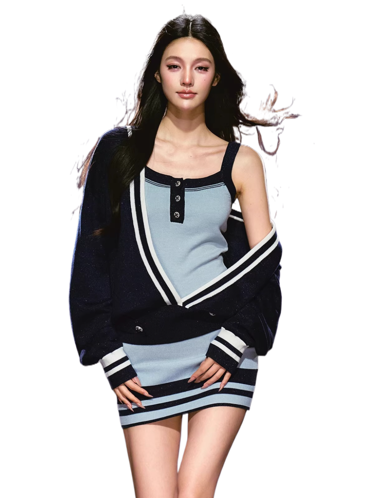 Striped Deep V Knit Dress & Cardigan Set