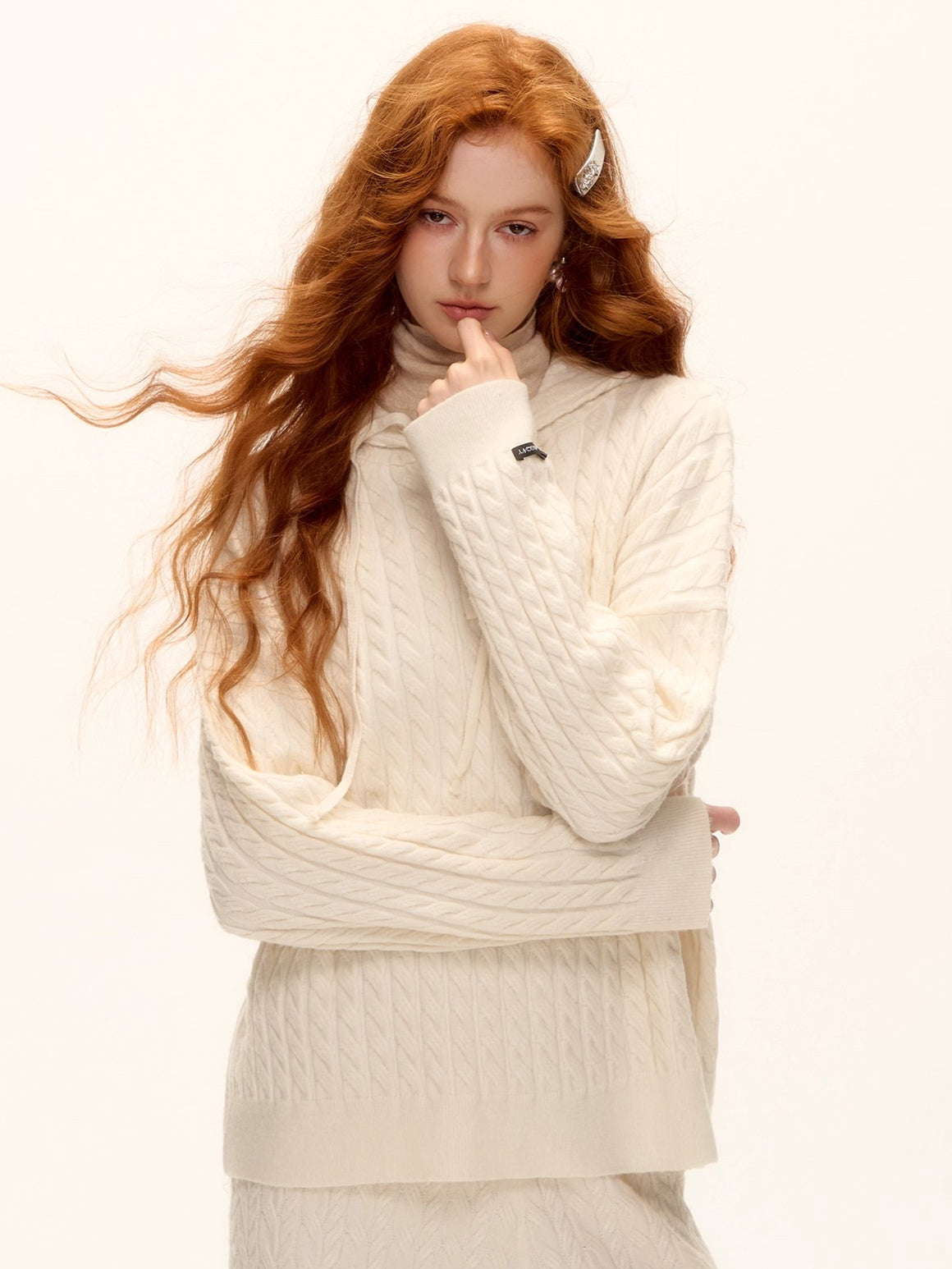 Wool Blend Cable Knit Hoodie & Wide-Leg Pants Set