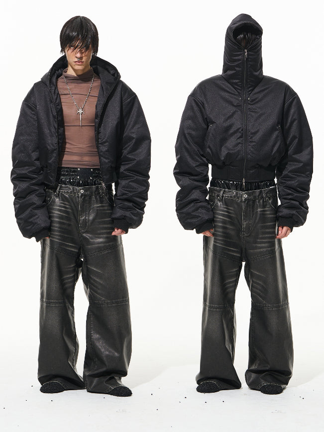 (Final Sale) Black Hooded Shimmer Logo Studded Puffer Jacket - CHINASQUAD