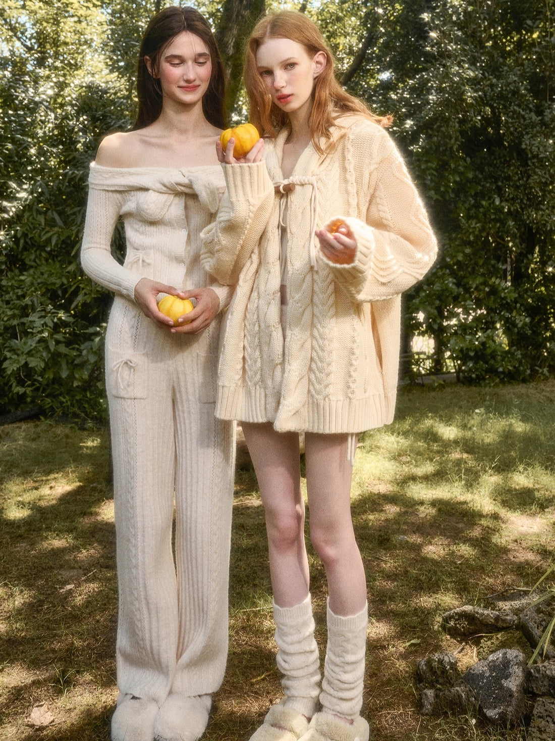 Velvet Bunny Wool Cloud Off-Shoulder Knit Cardigan & Wide-Leg Pants Set