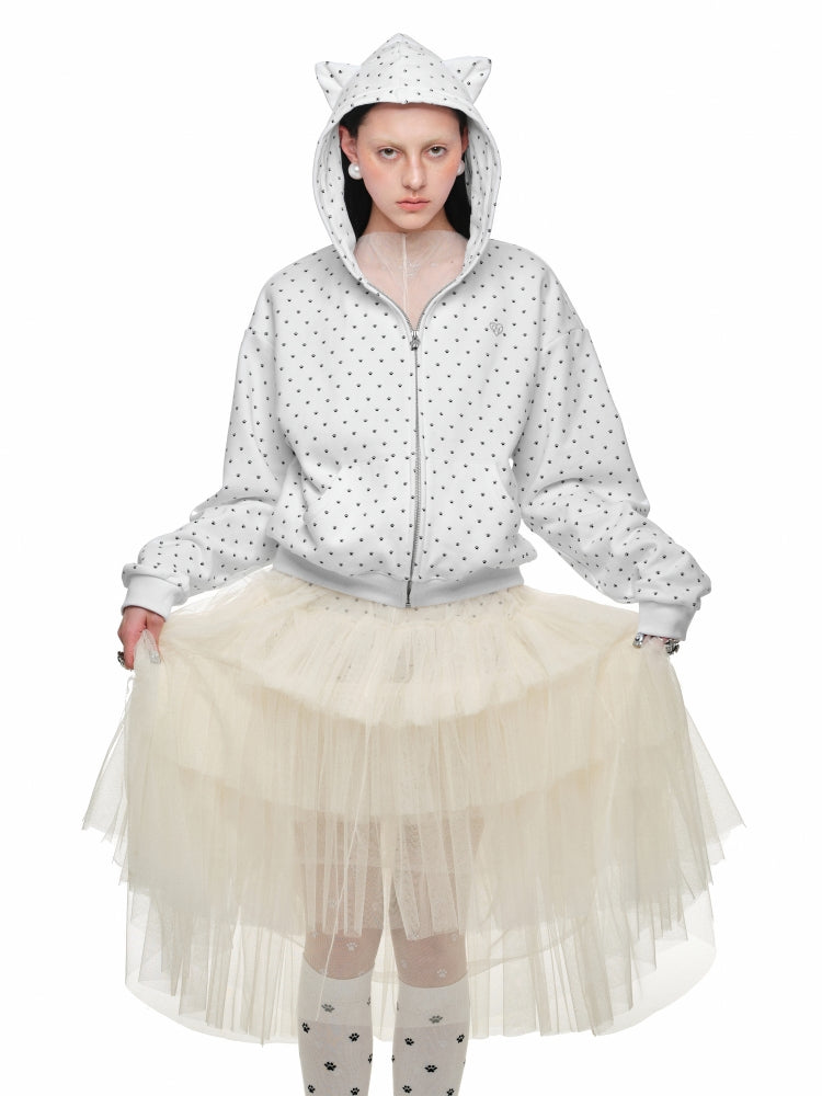 Cat Paw Polka Dot Hooded Cardigan Set - CHINASQUAD