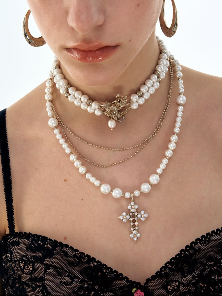 Gothic Angel Pearl Cross Choker - CHINASQUAD