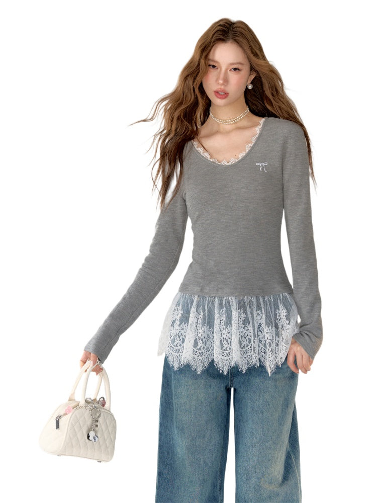 Lace-Trimmed Gray V-Neck Long Sleeve Top - CHINASQUAD