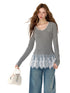 Lace-Trimmed Gray V-Neck Long Sleeve Top - CHINASQUAD
