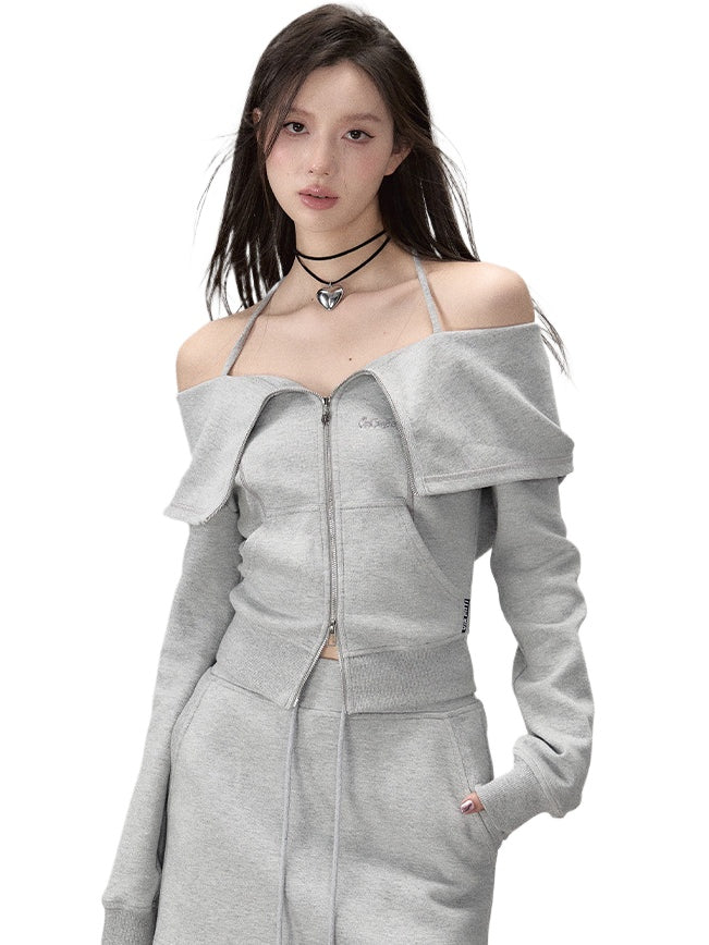 Gray & Brown Hooded Off-Shoulder Blouse & Shorts Set - CHINASQUAD