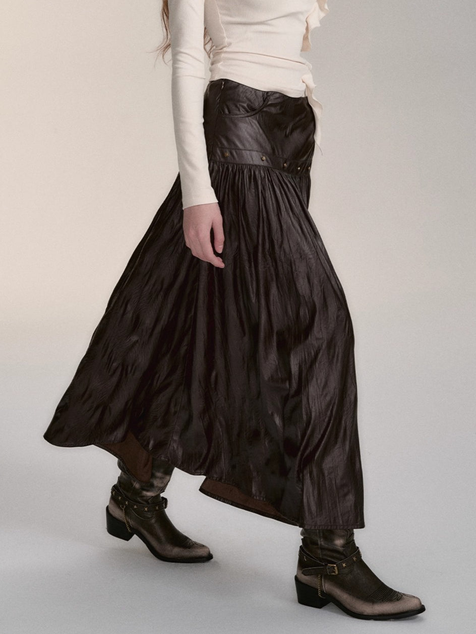 Dark Coffee PU Midi Skirt
