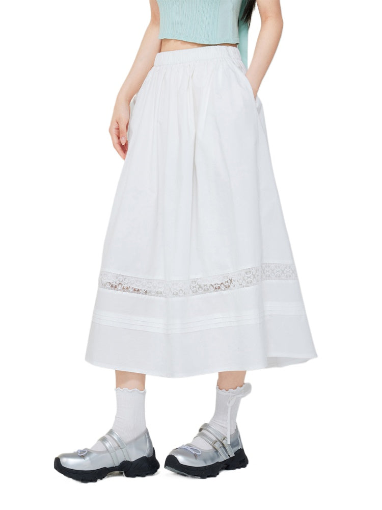 White Lace Splicing A-Line Skirt - CHINASQUAD