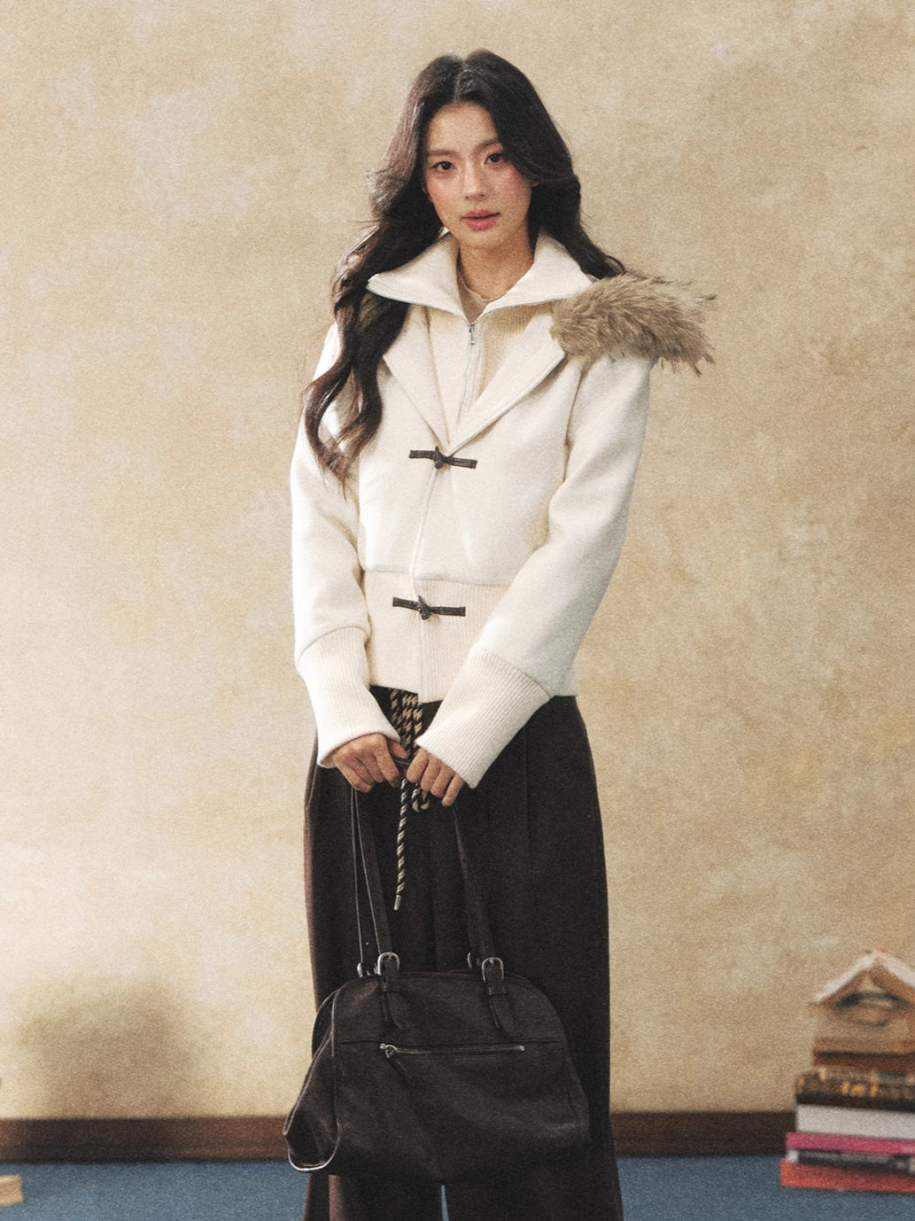Fur Collar Faux-Layered Wool-Blend Jacket