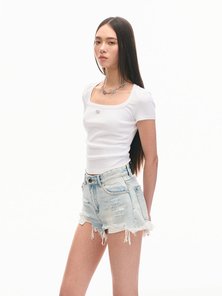 Ice Silk Ribbed Waist Cinching Round Corner T-Shirt - CHINASQUAD