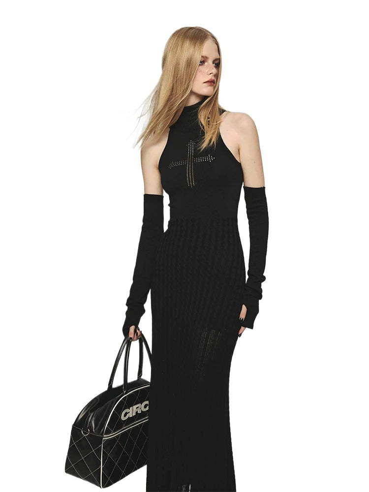 (Final Sale) Cross High Neck Hollow Out Dress with Sleeve Covers - CHINASQUAD