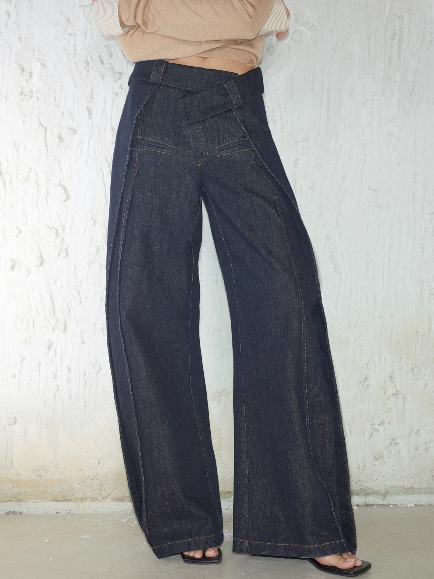 Irregular Folded-Waist Wide-Leg Trousers