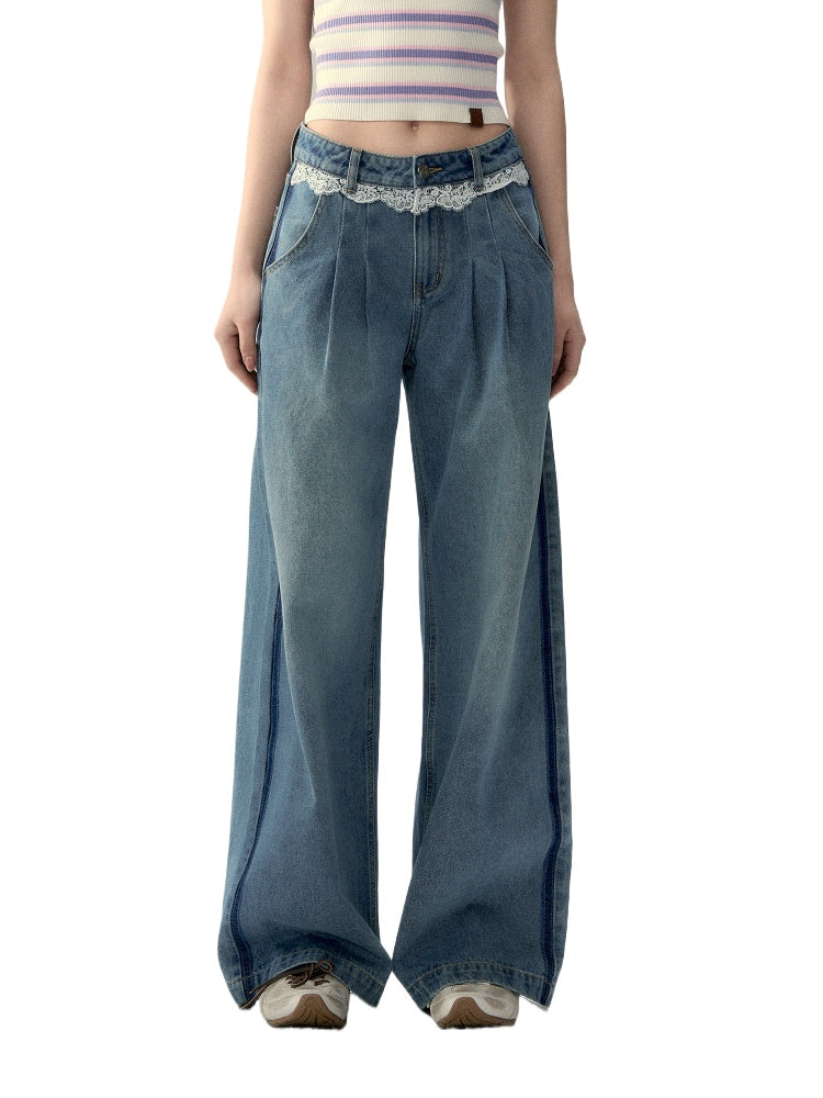 Lace-Panel Loose Straight Denim Jeans - CHINASQUAD