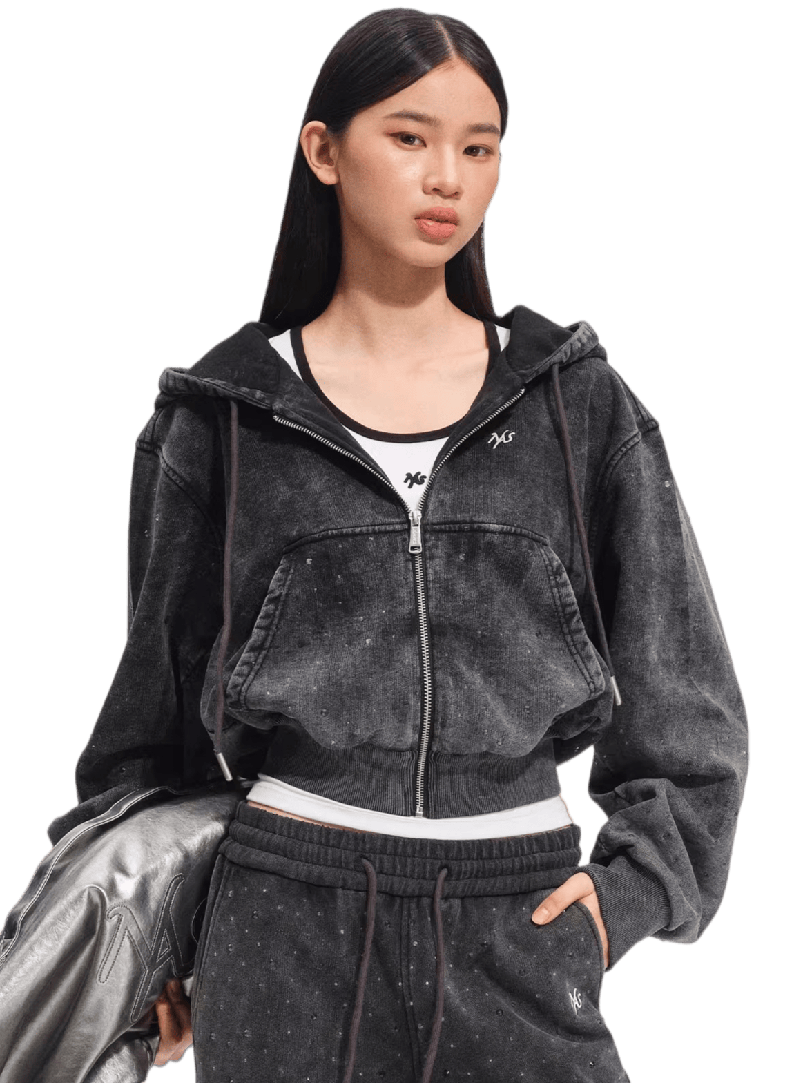 Embellished Washed Cotton Cropped Hoodie