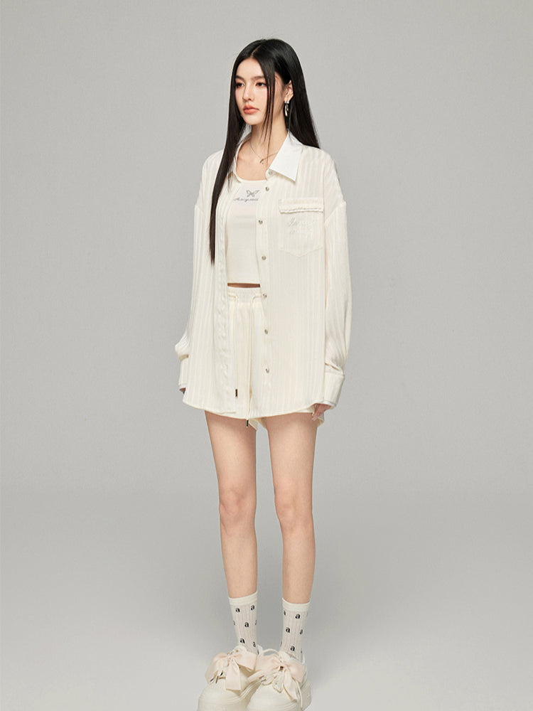 Color-block Shiny Silk Shirt & Shorts Set
