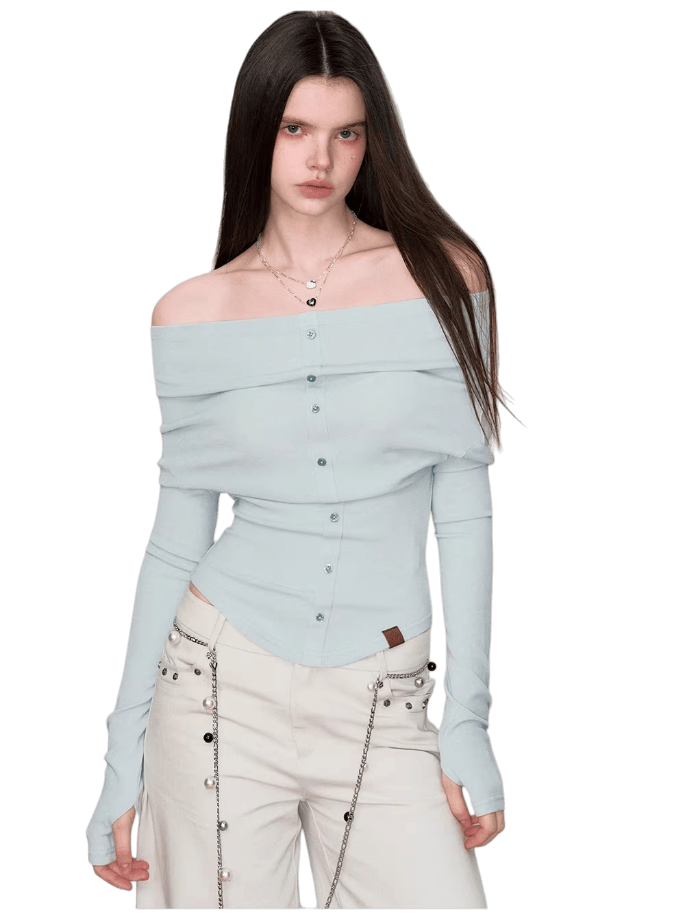 Off-Shoulder Long-Sleeve Knit T-Shirt