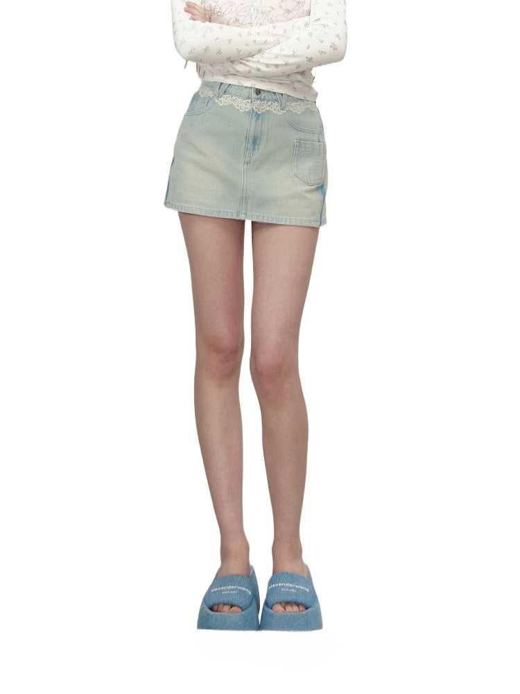 Light Blue Lace Panel Skirt - CHINASQUAD