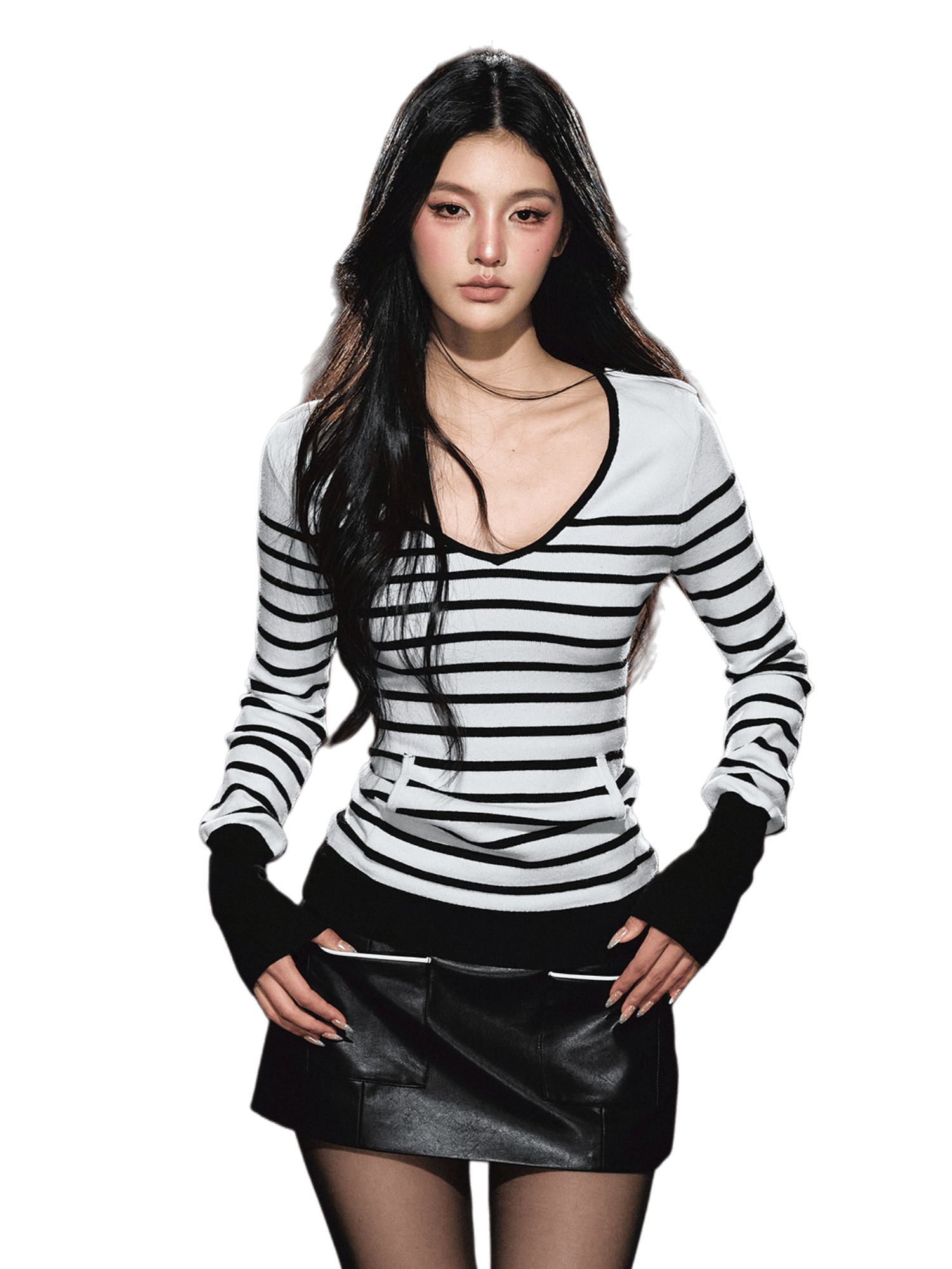 Stripe Contrast V-Neck Long-Sleeve T-Shirt