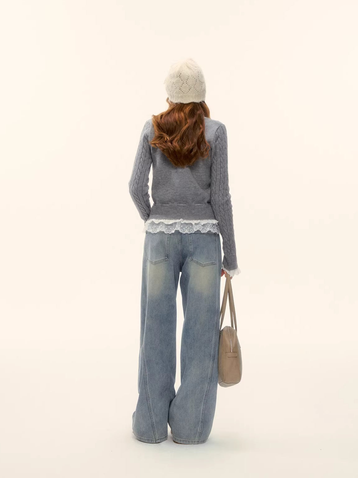 Cable Knit Lace-Hem Drawstring Sweater