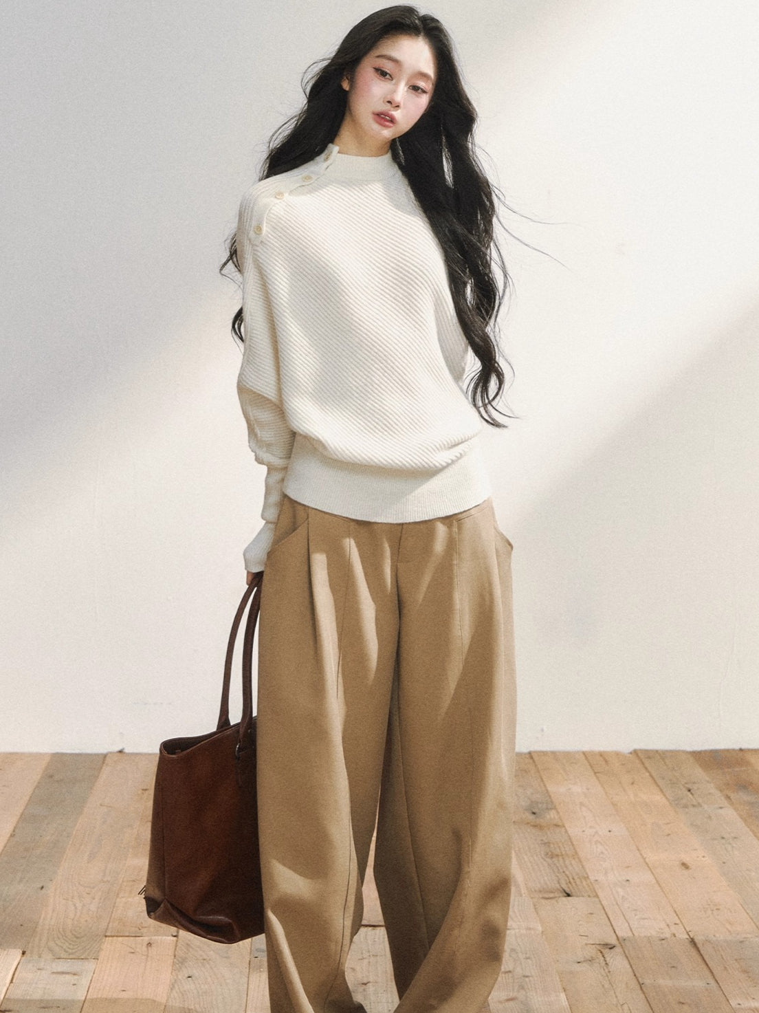 Asymmetric Buttoned White Knit Sweater