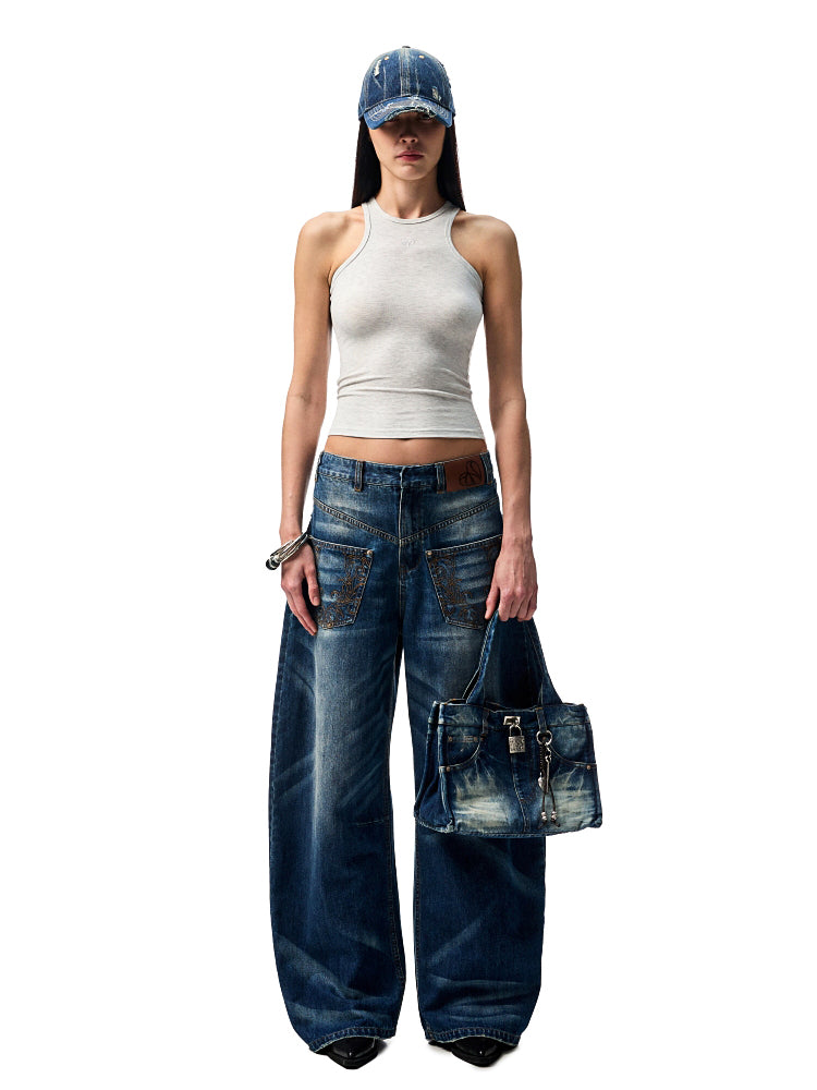 Distressed Printed Denim Tote Bag - CHINASQUAD