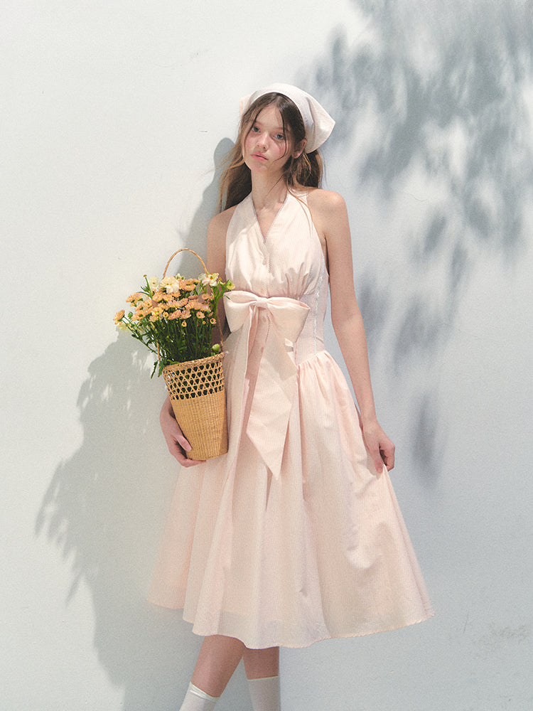 Halter V-neck Sling Bow Dress - CHINASQUAD