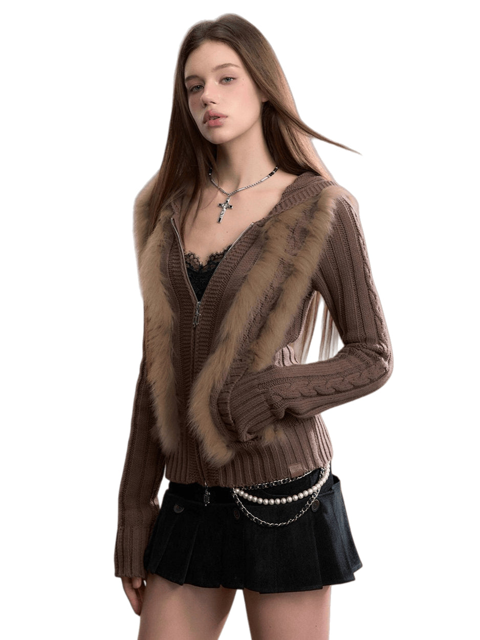 Fox Fur Trim Hooded Knit Cardigan