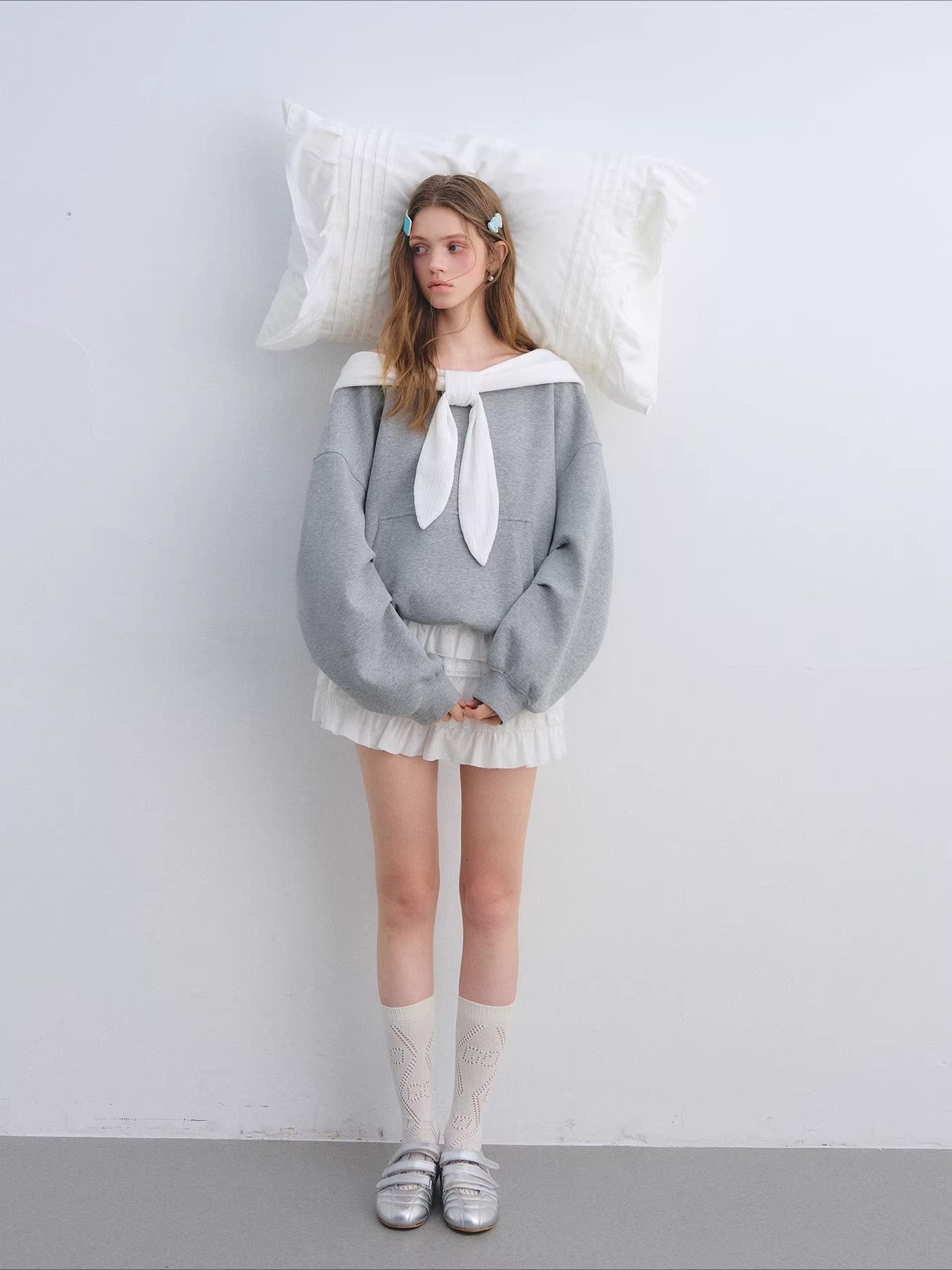 Rabbit-Ear Bow Off-Shoulder Hooded Sweatshirt