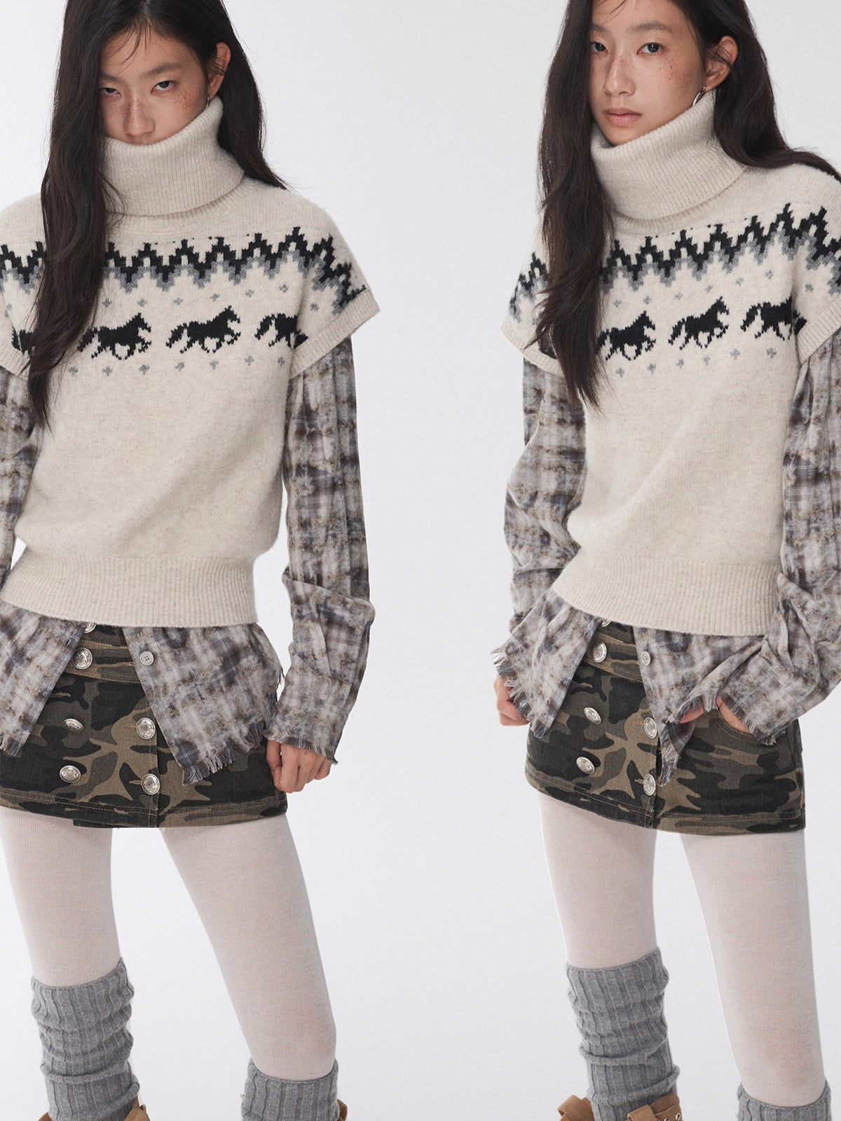 Fair Isle Pony Jacquard Turtleneck Knit Sweater