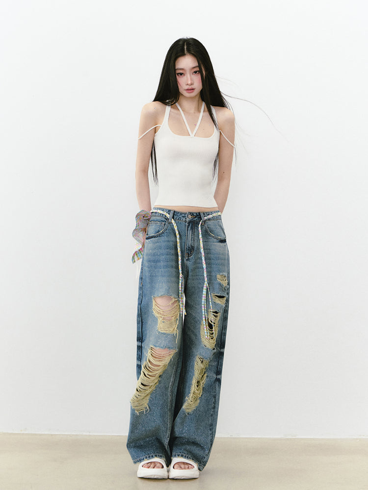 Blue Sparkly Ripped Jeans - CHINASQUAD