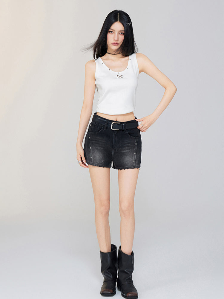 Rivet Crotch-covering Denim Shorts - CHINASQUAD