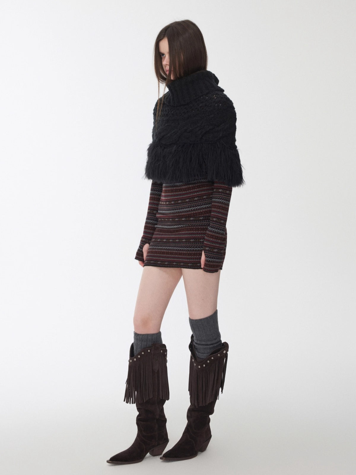 Cable Knit Fringed High-Neck Wool Blend Poncho