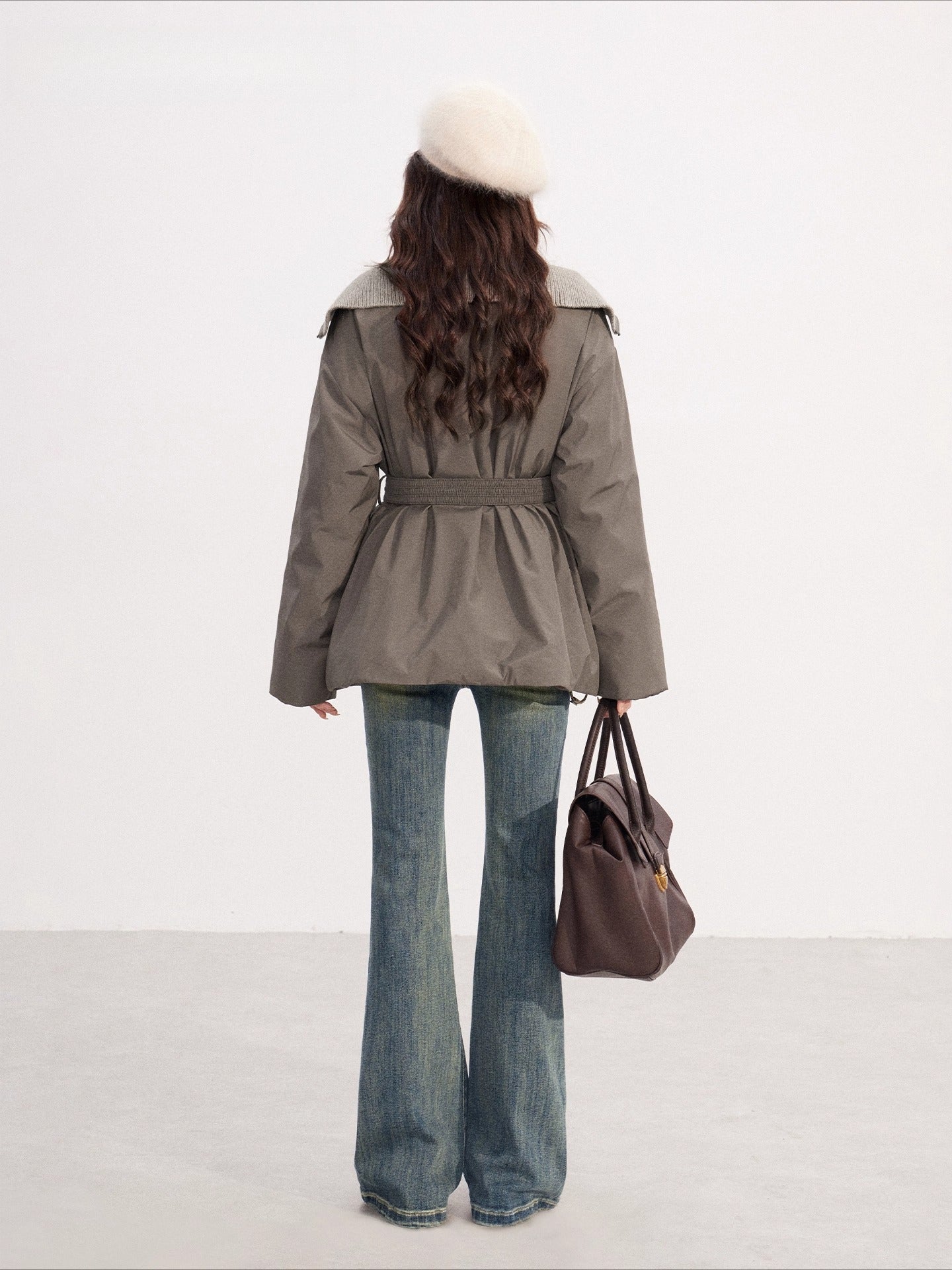 Belted Contrast-Knit Collar Down Coat