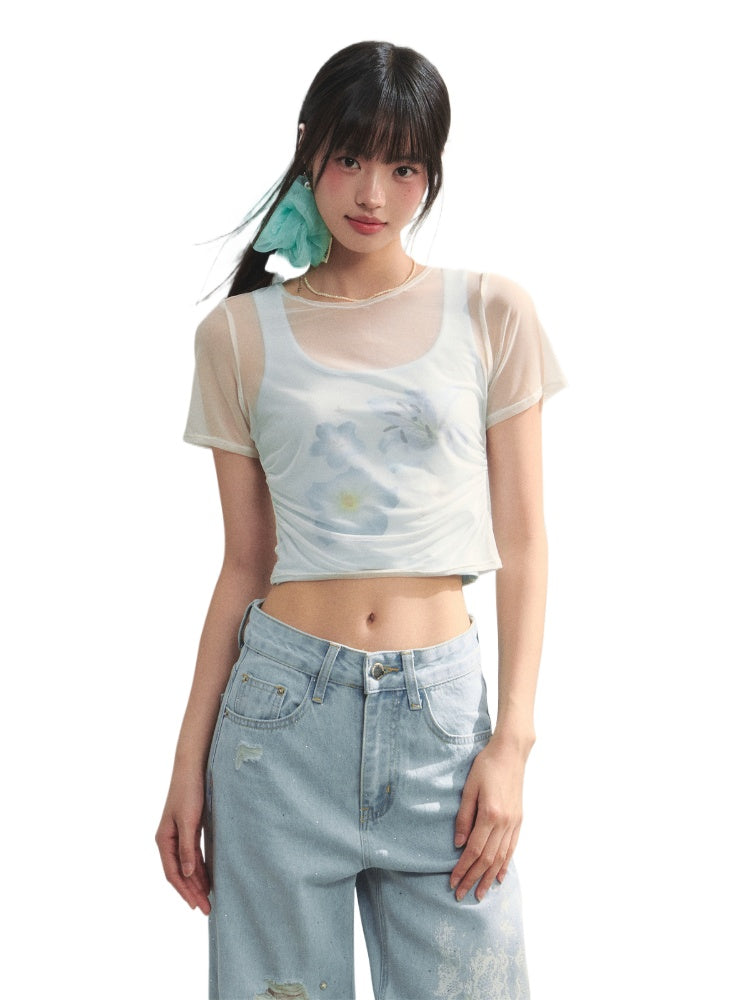 Blue Printed 2-in-1 T-shirt - CHINASQUAD