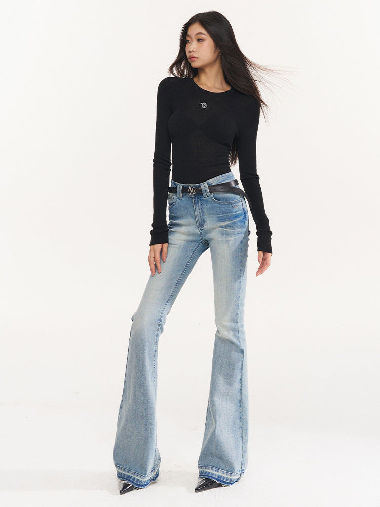 Washed Stretch Slim Flare Jeans - CHINASQUAD