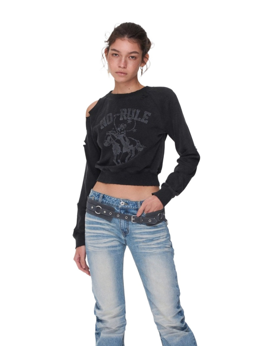 Knight Cat Print Distressed Washed Sweatshirt - CHINASQUAD