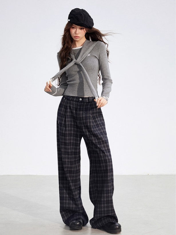 Plaid Fleece-Lined Wide-Leg Trousers