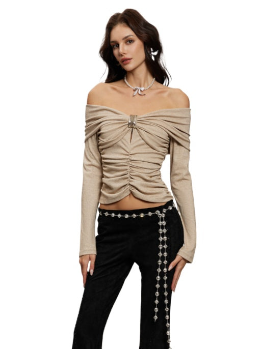Ruched Off-Shoulder Slim-Fit Knit Top - CHINASQUAD