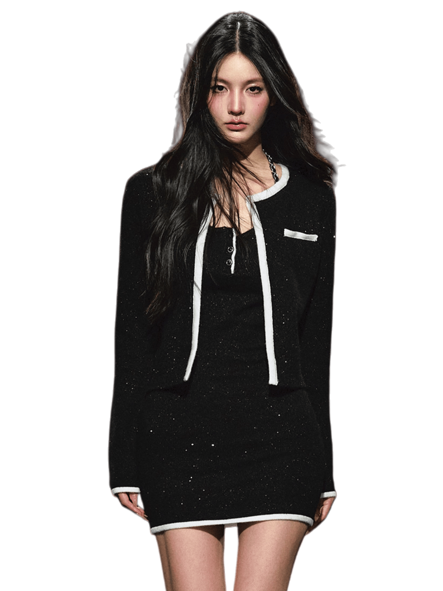 Agam Tweed Galaxy Shimmer Chain Halter Dress & Cardigan Set Cardigan / L