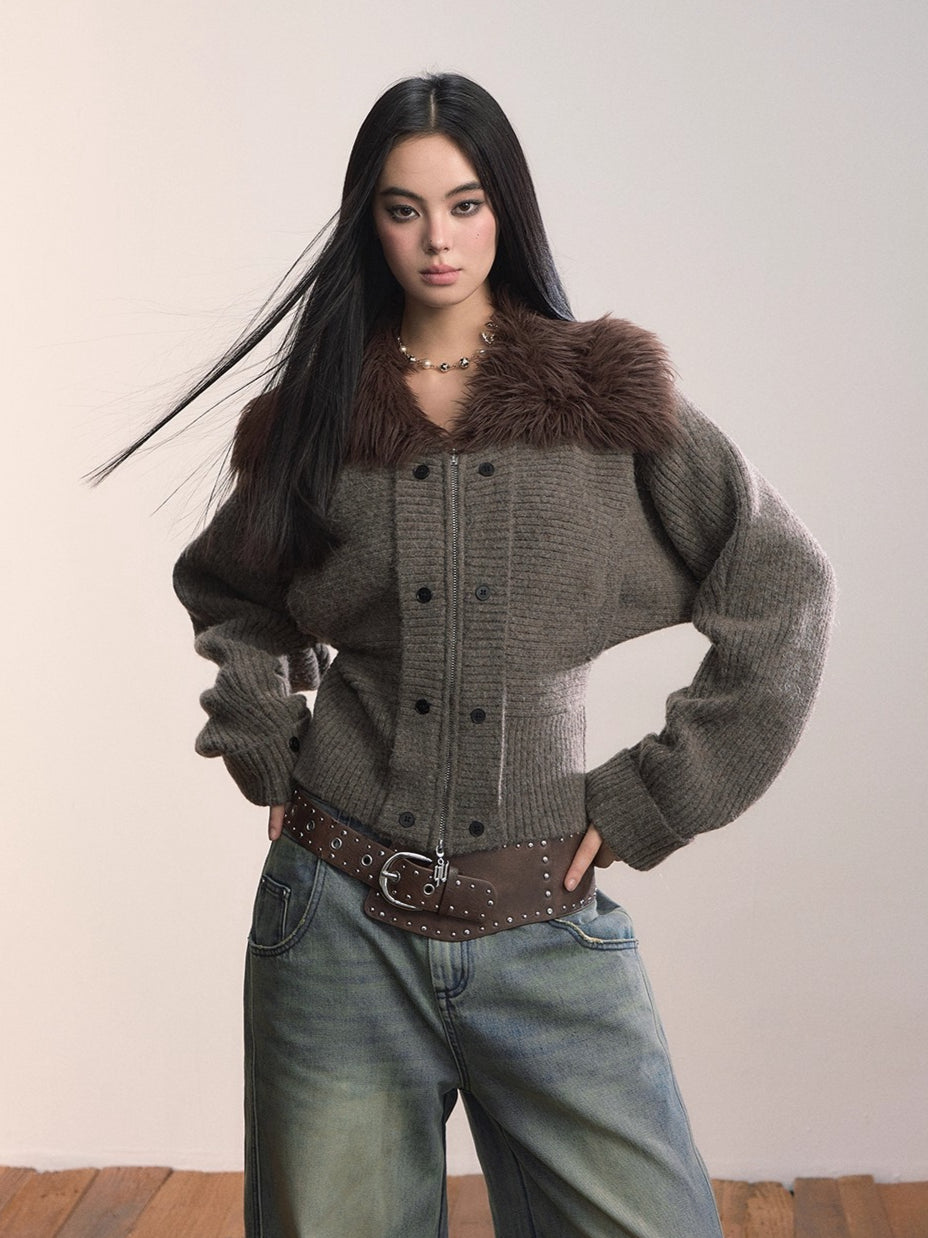Faux Fur Collar Knit Jacket