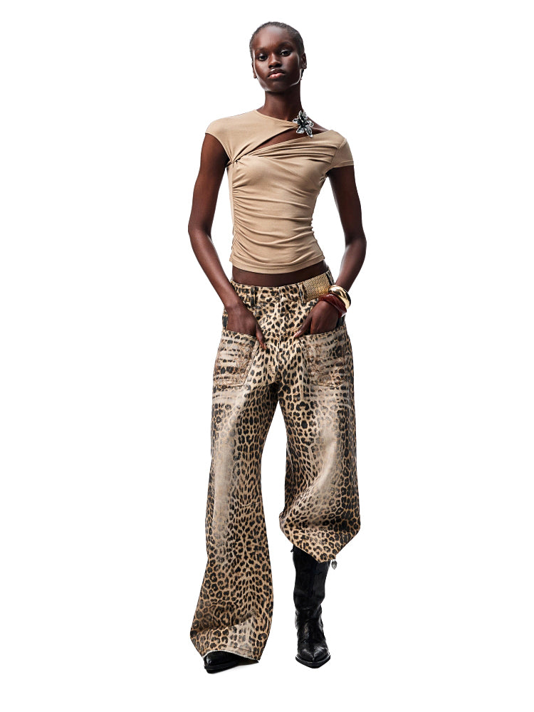 Washed Leopard Print Canvas Curved Pants - CHINASQUAD