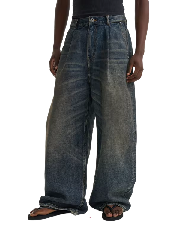 Vintage Pleated Wide-Leg Denim Jeans