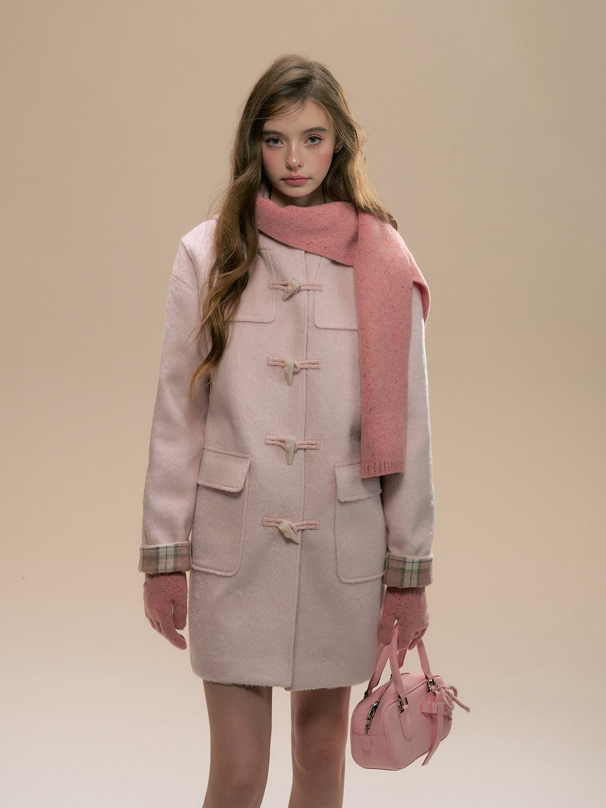 (Final Sale) Pink Plaid Horn-buttoned Coat - CHINASQUAD