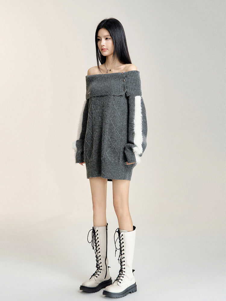 Gray Off-the-shoulder Oversized Sweater - CHINASQUAD