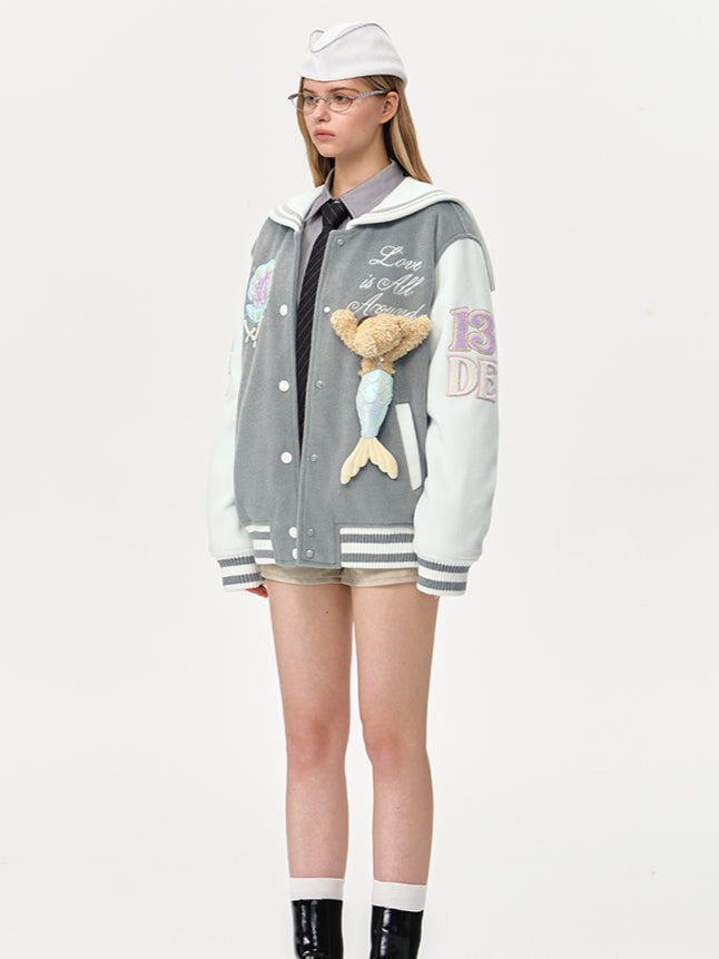 Blue & Gray Mermaid Baseball Jacket - CHINASQUAD