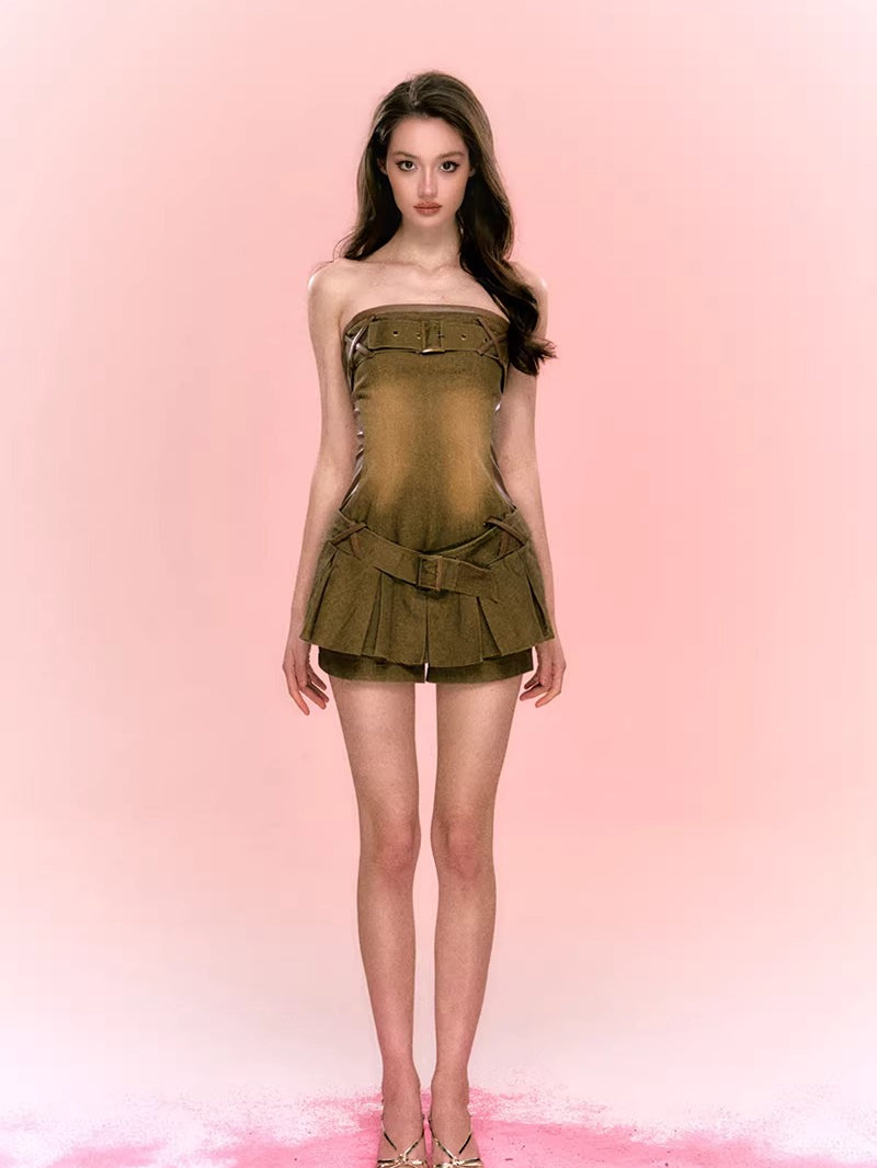 Washed Denim & Faux Leather Pleated Skirt