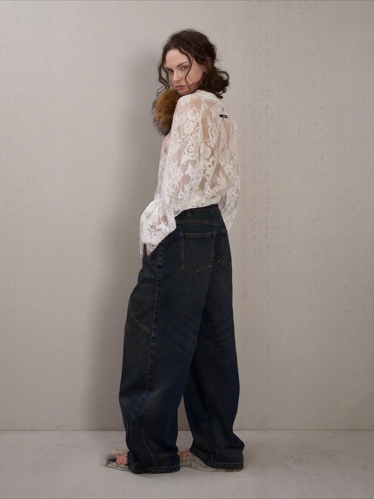 Vintage Washed Panelled Fleece-Lined Denim Pants