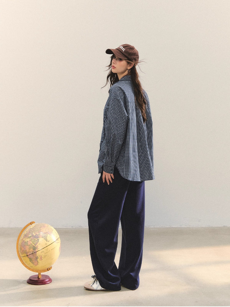 Plaid Ruffle Pleated Loose Long-Sleeve Shirt